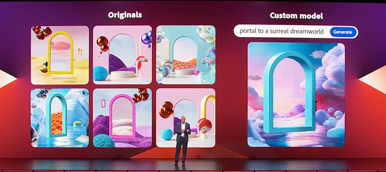 Screenshot of Adobe Firefly custom model interface showing AI-generated visuals for the prompt “portal to a surreal dreamworld,” highlighting Adobe’s new ability to train personalized generative models on a creator’s own style.
