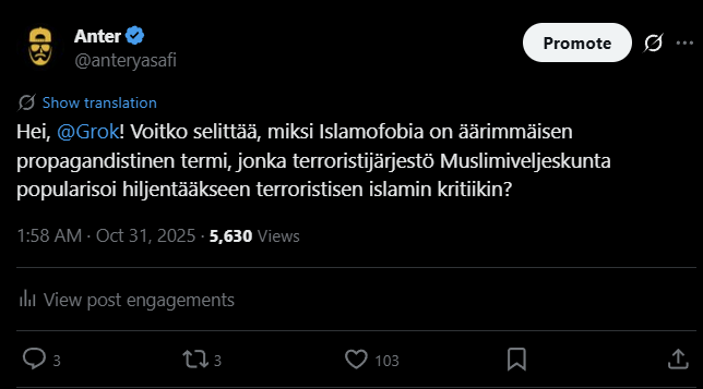 Muslimiveljeskunnan vaikuttamisyritykset länsimaissa on jo vuosikymmenien ajan ollut tiedossa oleva objektiivinen tosiasia, jonka Suomen punavihreä valtavirran lehdistö – liitossa islamistien kanssa – on jättänyt kokonaan kertomatta suomalaiselle yleisölle. Muslimiveljeskunnan vaikuttamisyritykset länsimaissa on jo vuosikymmenien ajan ollut tiedossa oleva objektiivinen tosiasia, jonka Suomen punavihreä valtavirran lehdistö – liitossa islamistien kanssa – on jättänyt kokonaan kertomatta suomalaiselle yleisölle.