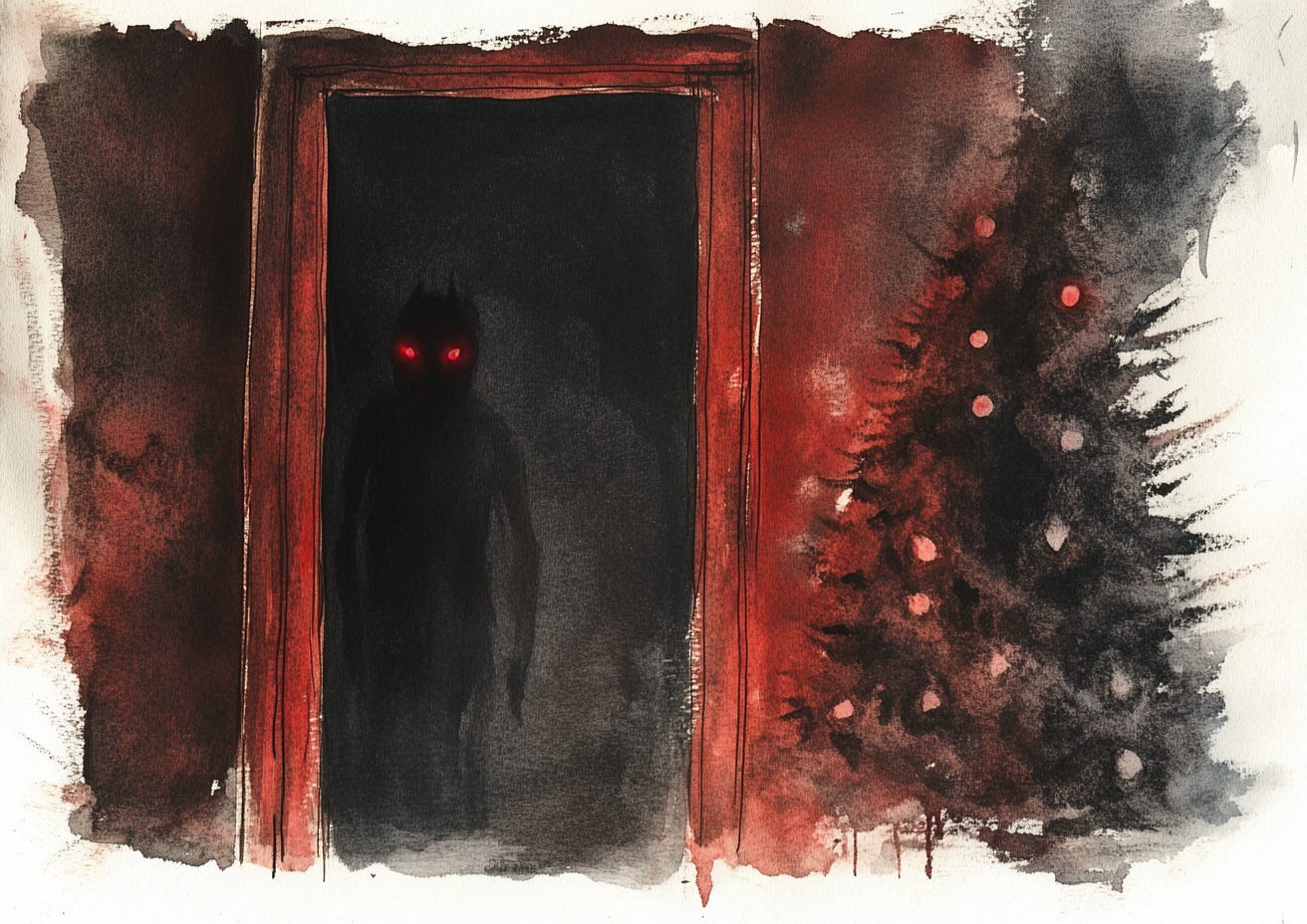 A dark, shadowy figure with glowing red eyes stands in a doorway, surrounded by a red and black color scheme. To the right of the figure, there is a Christmas tree decorated with lights. The overall atmosphere is eerie and ominous.