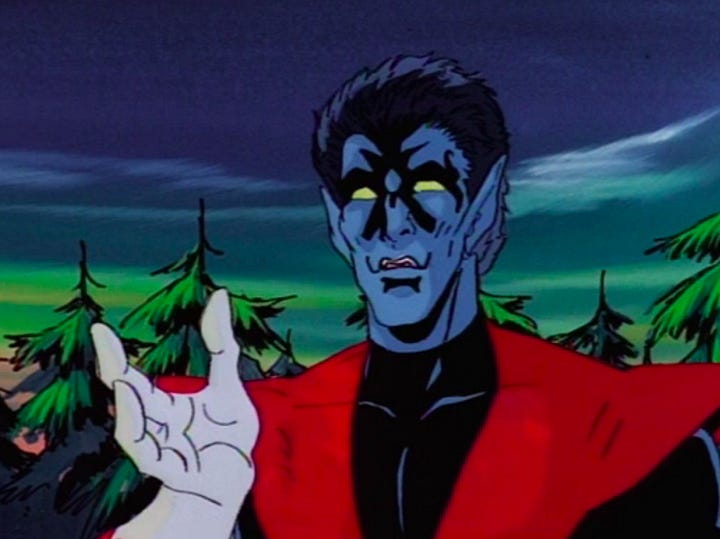 Nightcrawler as portrayed by Alan Cumming in X2; Nightcrawler in the X-Men animated series.