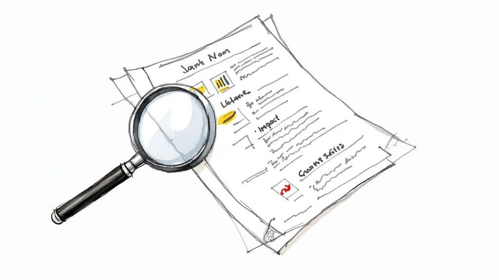 Magnifying glass examining a handwritten document or resume, symbolizing job application review.