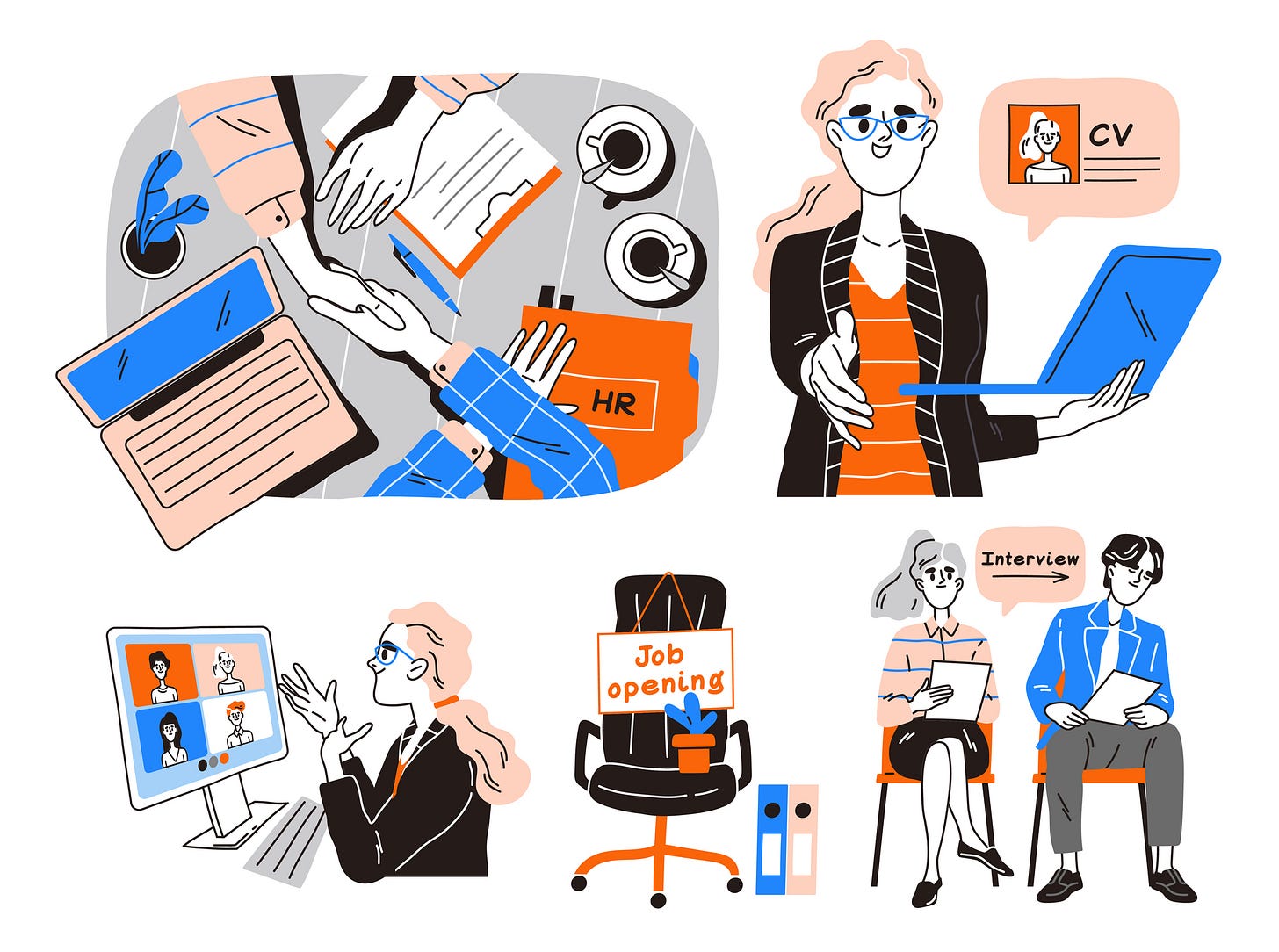 Illustration of job search concept with cartoons showing a candidate shaking hands, etc.
