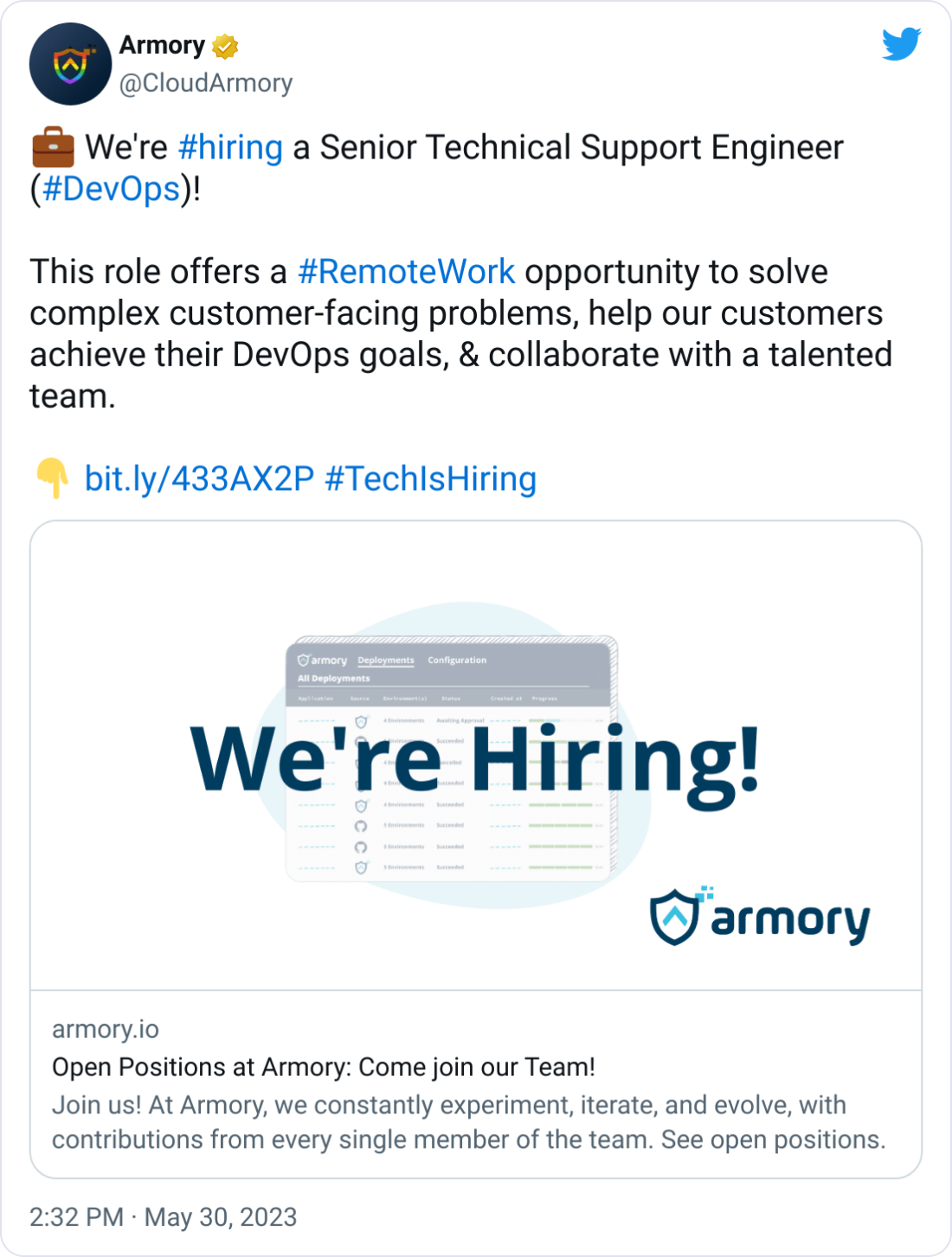 Armory @CloudArmory ๐ผ We're #hiring a Senior Technical Support Engineer (#DevOps)! This role offers a #RemoteWork opportunity to solve complex customer-facing problems, help our customers achieve their DevOps goals, & collaborate with a talented team. ๐ https://bit.ly/433AX2P #TechIsHiring Armory @CloudArmory ๐ผ We're #hiring a Senior Technical Support Engineer (#DevOps)! This role offers a #RemoteWork opportunity to solve complex customer-facing problems, help our customers achieve their DevOps goals, & collaborate with a talented team. ๐ https://bit.ly/433AX2P #TechIsHiring