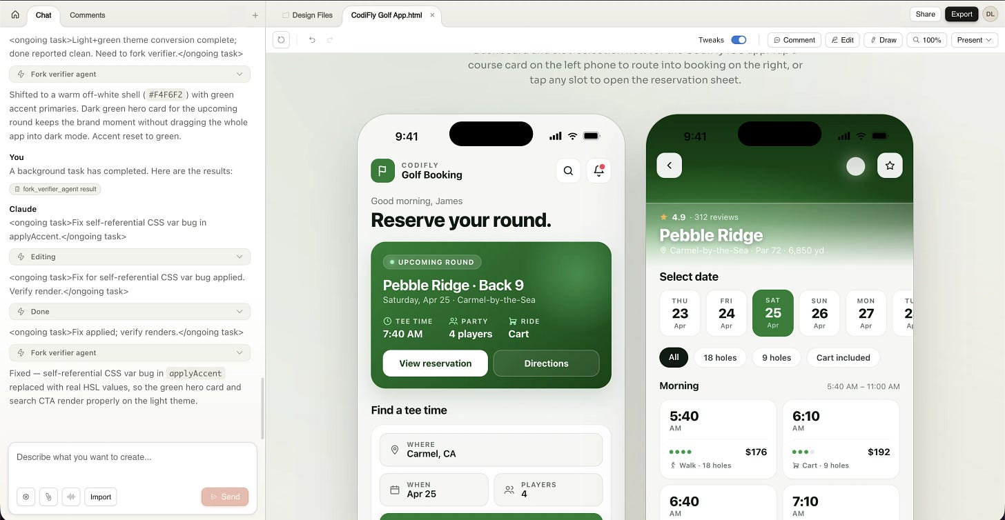 The same golf booking app rebuilt in a light theme with green accents after one iteration request