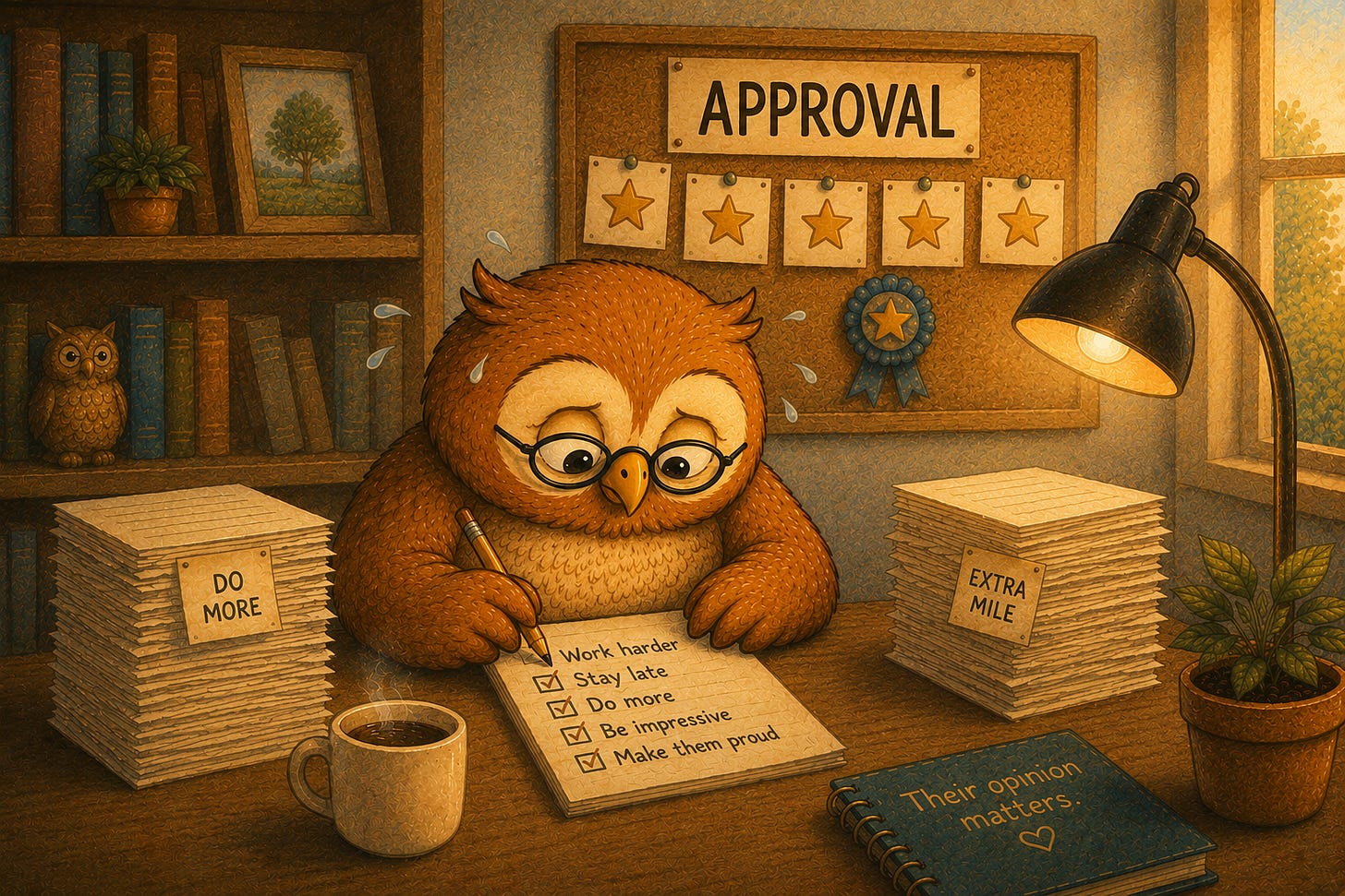 owl sitting at a table reflecting on people-pleasing and the cost of seeking approval with piles of work in his desk