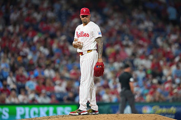 Jhoan Duran of the Philadelphia Phillies looks on against the Miami Marlins at Citizens Bank Park on August 19, 2026 in Philadelphia, Pennsylvania....
