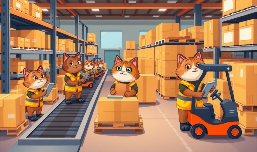 Image: A cartoon cat crew working in logistics.