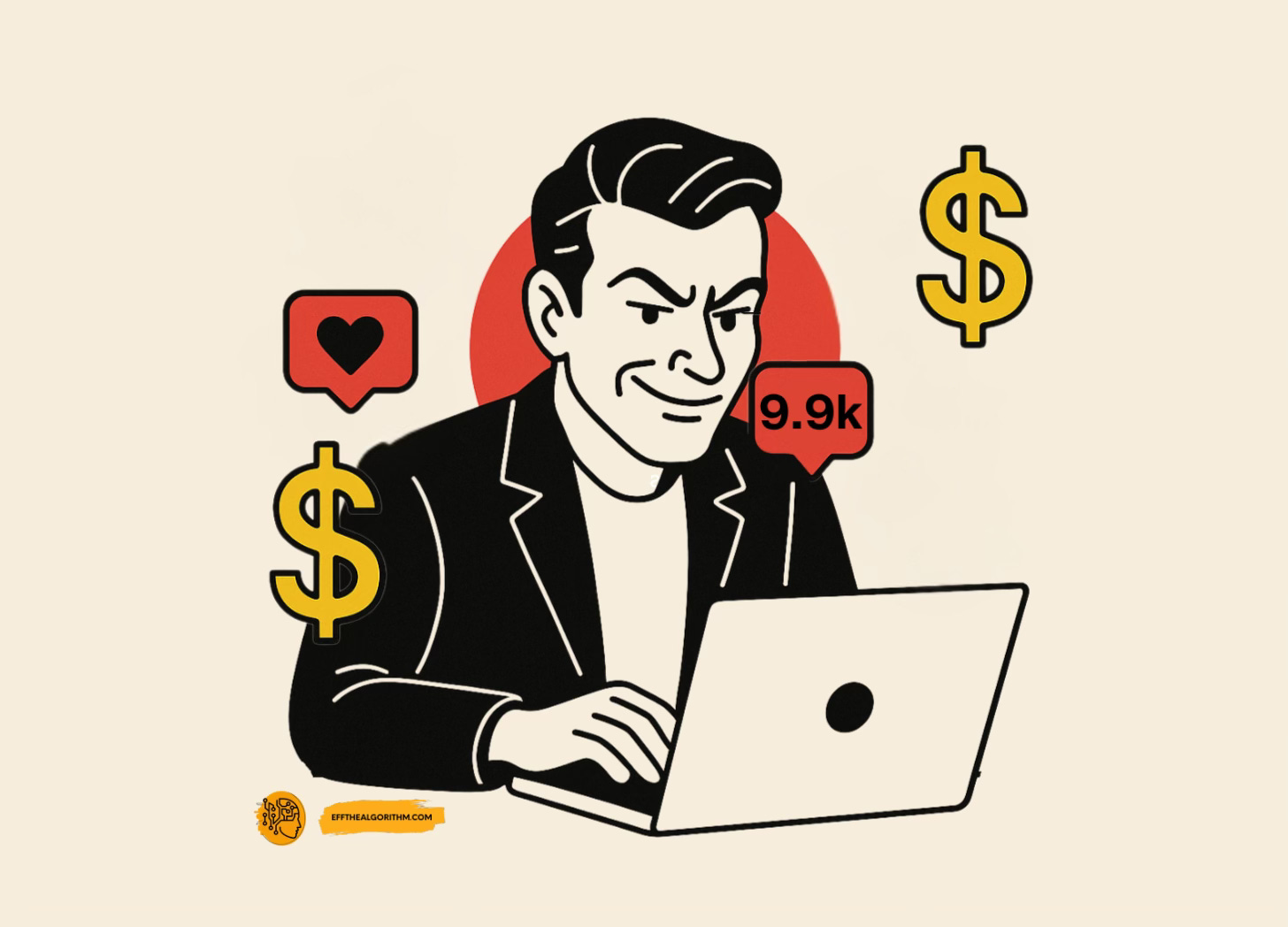 Illustration of a slick grifter using social media to create inflammatory content that makes him money