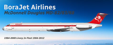 A selection of aircraft formerly operated by BoraJet Airlines: 1) Douglas DC-9, 2) McDonnell Douglas MD-82/83/88, McDonnell Douglas MD-87, 4) Boeing 717-200, and 5) Boeing 737-700 - all shown in side view.