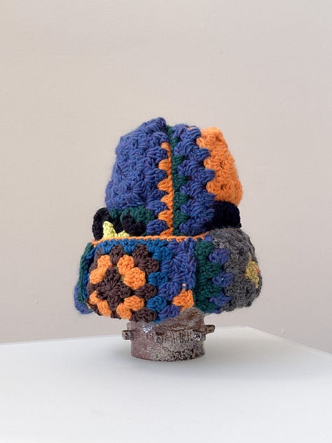 Blue and orange granny crochet patchwork beanie