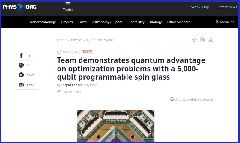 Phys.org headline claiming that âTeam demonstrates quantum advantage ⌠with a 5,000 qubit programmable spin glassâ Phys.org headline claiming that âTeam demonstrates quantum advantage ⌠with a 5,000 qubit programmable spin glassâ