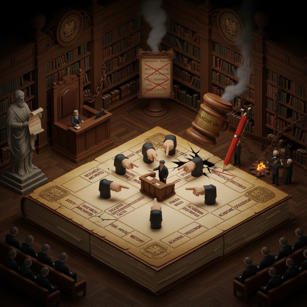 Illustrate a 3D isometric courtroom gameboard styled as Historical Revisionism The Polish States Game The board is shaped like a massive book titled State-Approved History lying open with game paths running across the pages The central piece_image_1