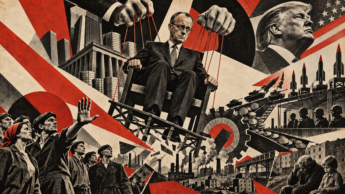 Wide red, black and beige collage. Friedrich Merz sits on a chair above a fractured scaffold, with giant hands holding puppet strings. Donald Trump appears at the upper right against part of the US flag. Bank buildings, coins and gears connect to tanks and missiles. Workers stand on the left, one raising an open hand; on the right, adults and a child huddle before a ruined industrial landscape.