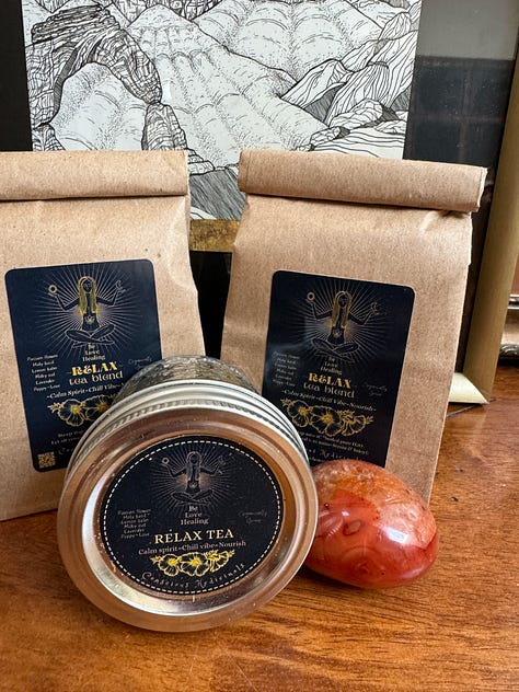 organic nourishment, upcycled, hemp, vintage clothing, roots chaga tea for cleansing, medicine chocolate, pain relief, self-care, natural healing, small batch