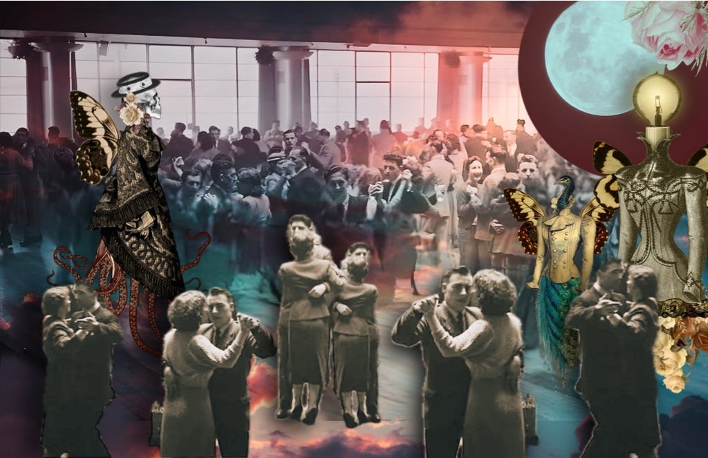A digital collage using an old photo of a dance where white men and women formally dance in couples in a large, bright room with big windows. Over this, a sunset sky has been laid, with surreal figures of a tentacled deaths head in a poncho, and a lightbulb woman in victorian dress as well as a peacock in a frock