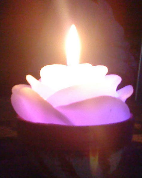 Three flower-shaped candles, glowing in, orange, green, and purple, respectively.