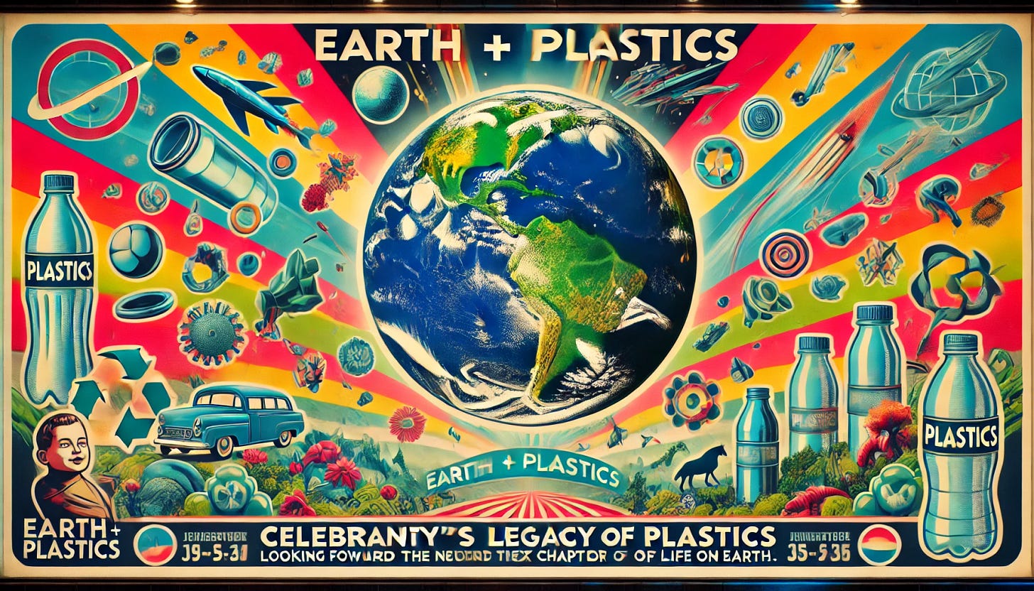 A retrofuturistic widescreen propaganda poster titled 'Earth + Plastics.' The poster features a vibrant, vintage design with bold colors and futuristic elements. The Earth is prominently depicted, integrated with plastic elements like bottles, bags, and other plastic items. The background includes a blend of nature and plastic, with animals, plants, and organisms partly made of plastic, showing the planet evolving with plastic incorporated into its environment. The text is bold and eye-catching, with a message celebrating humanity's legacy of plastics and looking forward to the next chapter of life on Earth. The style is reminiscent of mid-20th century propaganda posters, with a hopeful and forward-looking tone.