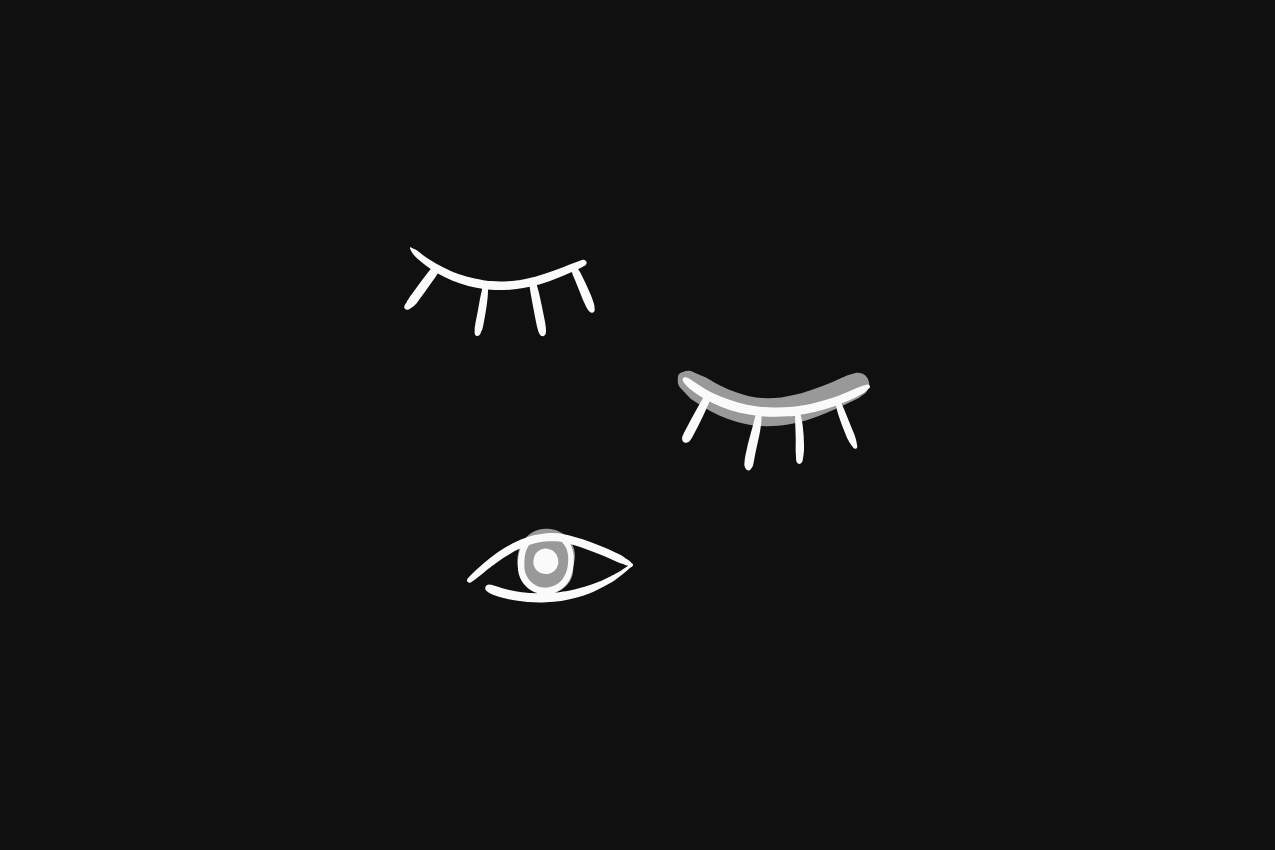 Title card featuring three hand-drawn eyes in a vertical arrangement on a deep charcoal background. A soft gray accent highlights the lid of one closed eye and the iris of the single open eye, representing the literary cartoon “The Macbeth Review.” Part of the Drawing Conclusions series at The Subtext Review.
