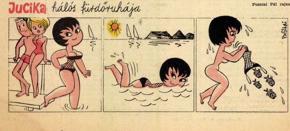 Jucika enters the ocean wearing a sexy fishnet bathing suit that turns heads. She swims happily under the sun. In the final panel, now nude, she panics as she shakes a handful of fish out of her bathing suit. Jucika enters the ocean wearing a sexy fishnet bathing suit that turns heads. She swims happily under the sun. In the final panel, now nude, she panics as she shakes a handful of fish out of her bathing suit.