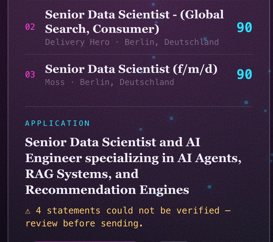 The finished application, with the fabrication check stated rather than buried. Four unverified statements is a number Jobvis will read out loud if you ask him to.