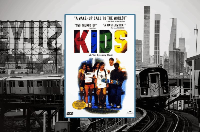 Featured image for essay Suburban Secession: The Crack in the Dome. Poster for the 1995 film Kids over a gritty city backdrop of train tracks and skyscrapers, symbolizing the clash between suburban retreat and urban reality.