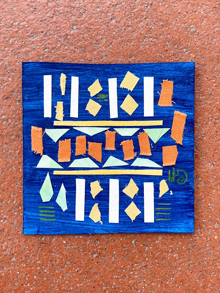 Two square, abstract paper and textile collages made by Illustrator Hannah Sanguinetti demonstrating the influence of Ravenna’s mosaics on Sanguinetti’s work.
