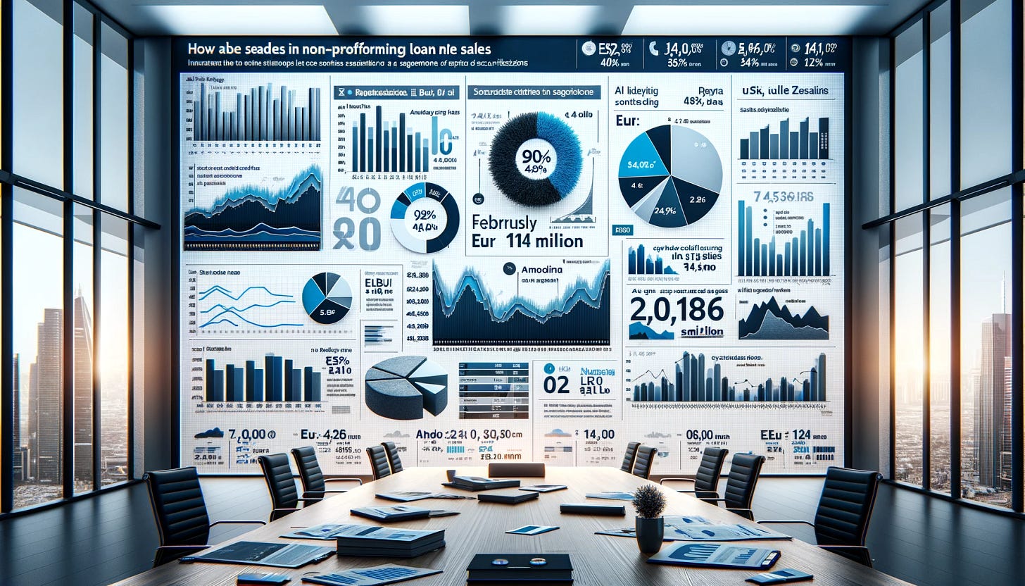 A visual representation of a financial report, featuring a large, detailed dashboard or infographic. The dashboard should display various graphs and charts showing a sharp decline in non-performing loan note sales for a segment of Italian securitizations. Include a chart with almost zero sales in February, contrasting with a small uptick in collections. Add numerical data points, such as EUR 45,000 and EUR 114 million. The design should be sleek, modern, and include elements like bar graphs, pie charts, and trend lines, all within a professional office setting. The overall tone should be analytical and business-like, reflecting the seriousness of the financial data. The image should be horizontal.