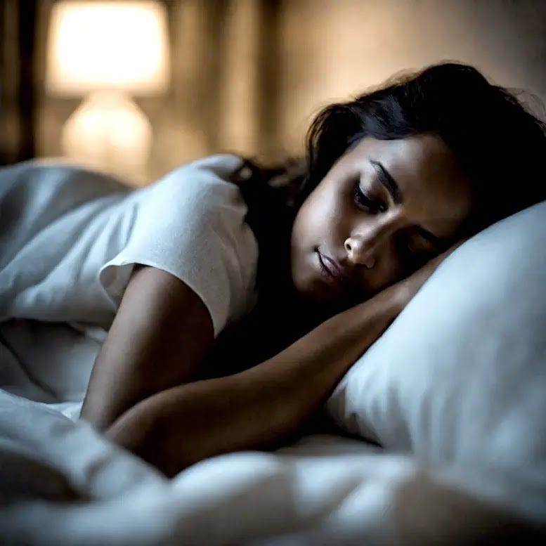 Restful Night for Better Health Resting serenely in a cozy bed, a young lady enjoys a peaceful slumber, her body enveloped in the softness of the sheets and blankets that cocoon her.