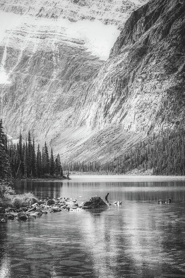 A vertical panorama of a mountain lake in the Canadian Rockies, with still water reflecting the surrounding peaks and forest under a dramatic sky.
