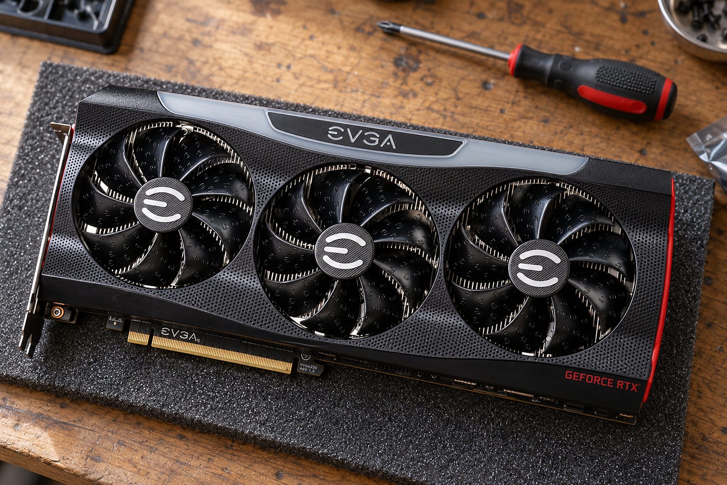 EVGA GeForce RTX 3090 FTW3 Ultra 24GB resting on a workbench as a used-card option for larger ComfyUI models EVGA GeForce RTX 3090 FTW3 Ultra 24GB resting on a workbench as a used-card option for larger ComfyUI models