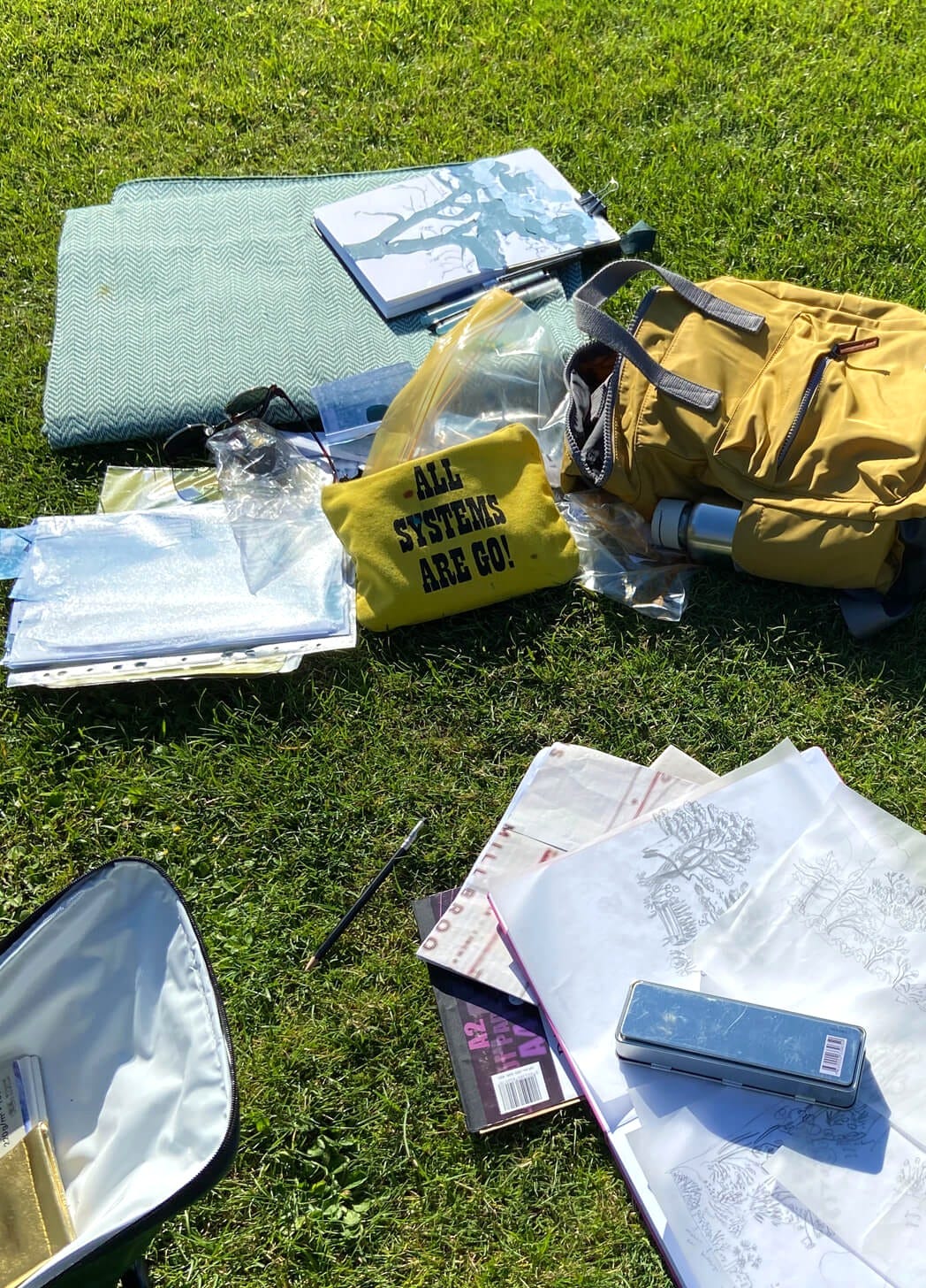 photo of bags, sketchbooks and art materials lying on grass. Drawings of trees are visible on paper and sketchbooks