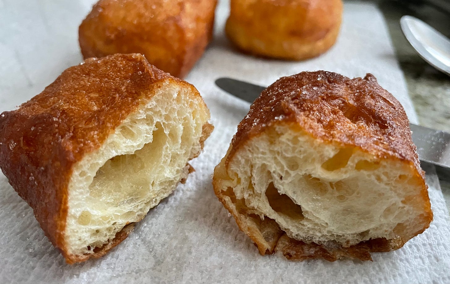 Fastnacht cut in half, showing white interior crumb, sitting on white papertowel.