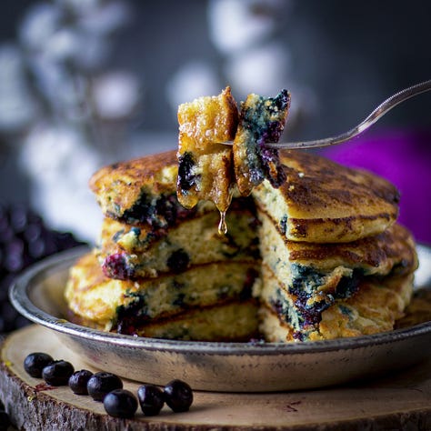 Blueberry pancakes, Blueberry crumb cake, and Blueberry corn muffins.
