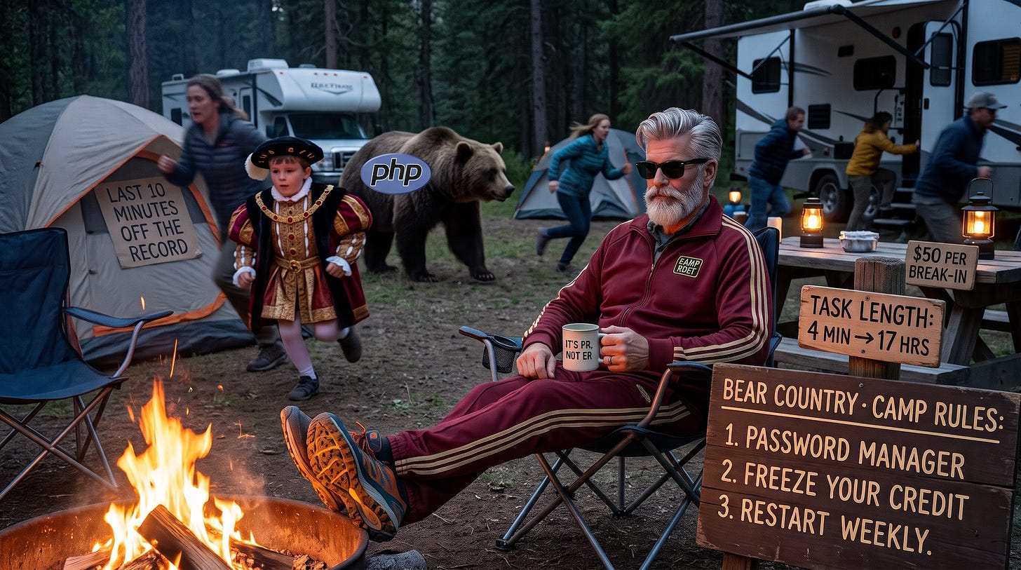 A man in sunglasses relaxes by a campfire in running shoes while a bear wanders into a campground and other campers scramble. A sign reads ‘Bear Country: Camp Rules A man in sunglasses relaxes by a campfire in running shoes while a bear wanders into a campground and other campers scramble. A sign reads ‘Bear Country: Camp Rules