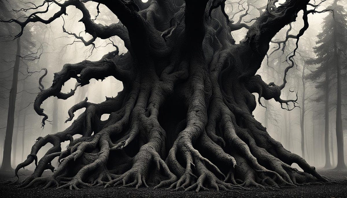 Large bare-rooted tree, art depiction Large bare-rooted tree, art depiction