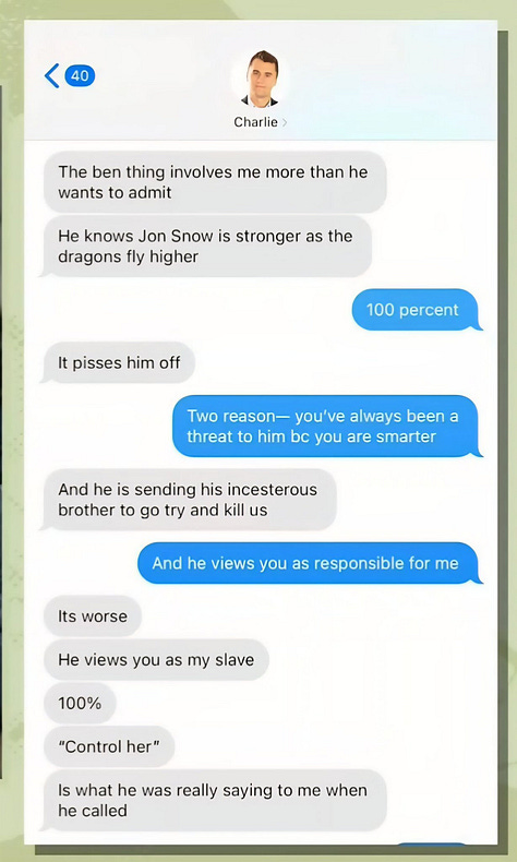 Charlie Kirk’s private messages show how deeply he distrusted Ben Shapiro — calling his worldview “damaging,” “jealous,” and even warning that Shapiro was “sending his incestuous brother to try and kill us.” Erika Kirk elevating Shapiro after Charlie’s death was not a tribute — it was a reversal.
