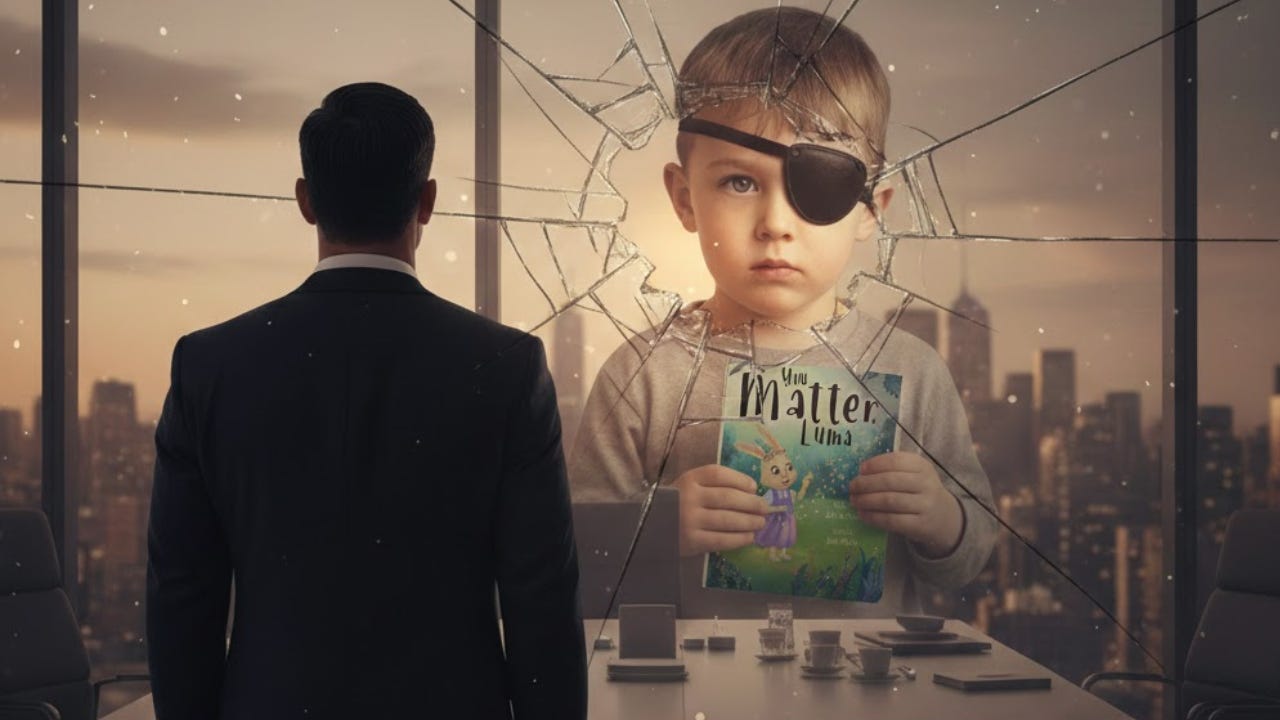 A conceptual digital artwork featuring the back of a man in a business suit standing in a modern high-rise boardroom, looking out a window. Through a large, dramatic crack in the glass, a young boy wearing a black eye patch is visible, holding a children's book titled "You Matter, Luma." The text on the image reads "The Speech Impediment of the Soul: A Path to Intrinsic Worth. A conceptual digital artwork featuring the back of a man in a business suit standing in a modern high-rise boardroom, looking out a window. Through a large, dramatic crack in the glass, a young boy wearing a black eye patch is visible, holding a children's book titled "You Matter, Luma." The text on the image reads "The Speech Impediment of the Soul: A Path to Intrinsic Worth.