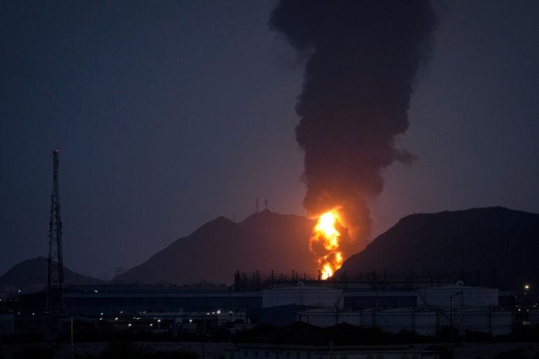 Large fire and plume of smoke is visible after, according to the authorities, debris of an Iranian intercepted drone hit the Fujairah oil facility, in Fujairah, United Arab Emirates, Tuesday, March 3, 2026. (AP Photo/Altaf Qadri) Large fire and plume of smoke is visible after, according to the authorities, debris of an Iranian intercepted drone hit the Fujairah oil facility, in Fujairah, United Arab Emirates, Tuesday, March 3, 2026. (AP Photo/Altaf Qadri)