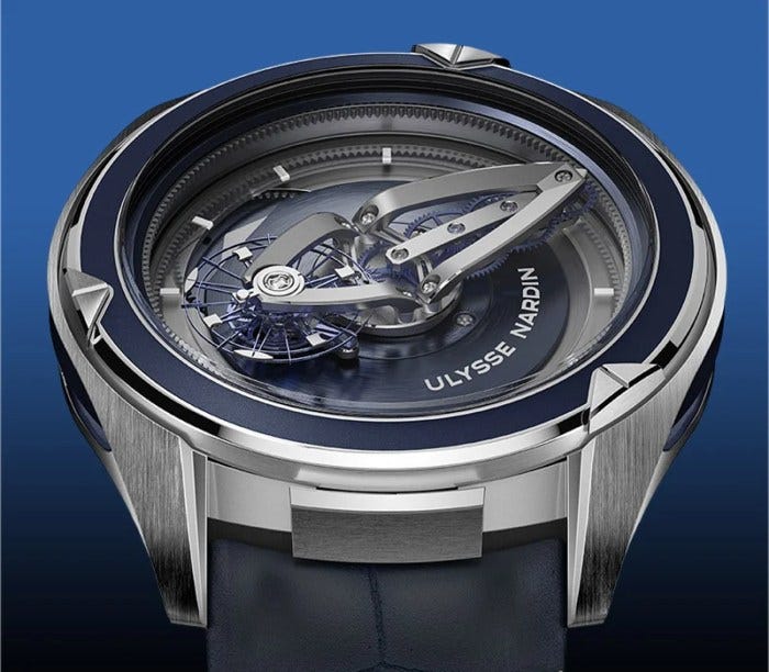 The watch’s 45mm platinum case includes a rotating titanium bezel that is used to set the time. The watch’s 45mm platinum case includes a rotating titanium bezel that is used to set the time.
