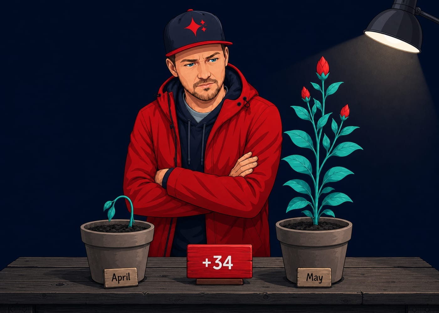 Workshop scene: Daniel watches two clay pots on a bench, a small April seedling next to a tall May plant with red buds, and a red sign between them reading plus thirty-four.