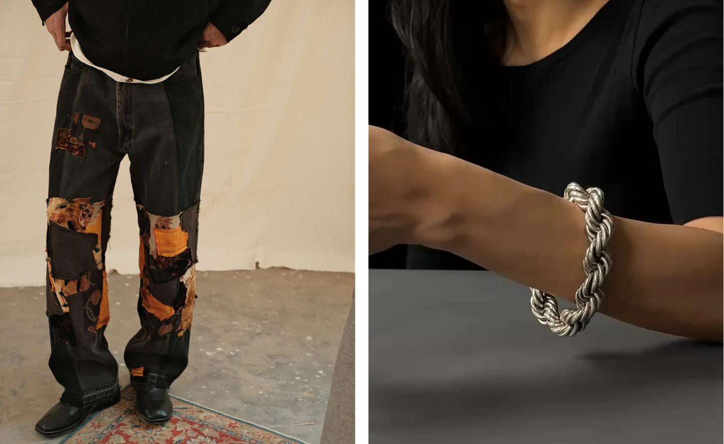 At left, a pair of patchwork pants; at right, a chunky twisted silver bracelet