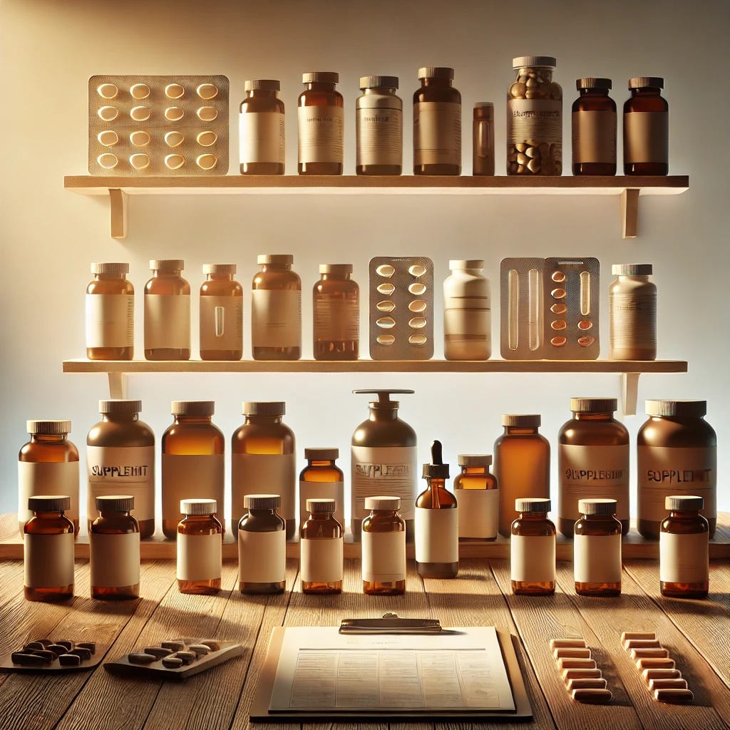 A photorealistic, professional image of supplement bottles arranged naturally on a wooden desk in warm evening lighting. The layout is clean and practical, emphasizing authenticity and a scientific approach rather than a trendy or influencer aesthetic. The warm, cinematic lighting casts soft shadows across the minimalist setup, creating an inviting, research-oriented feel to match the article's tone. The background remains pure white to maintain a professional and clean presentation. High-resolution rendering, resembling high-quality commercial photography, without text, labels, or packaging.