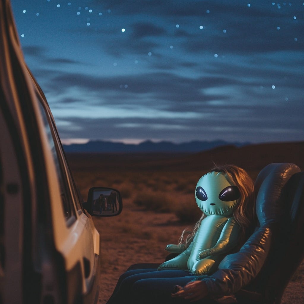 A surreal AI photorealistic image of a woman whose body is that of an inflatable alien and whose arms are part of the chair.