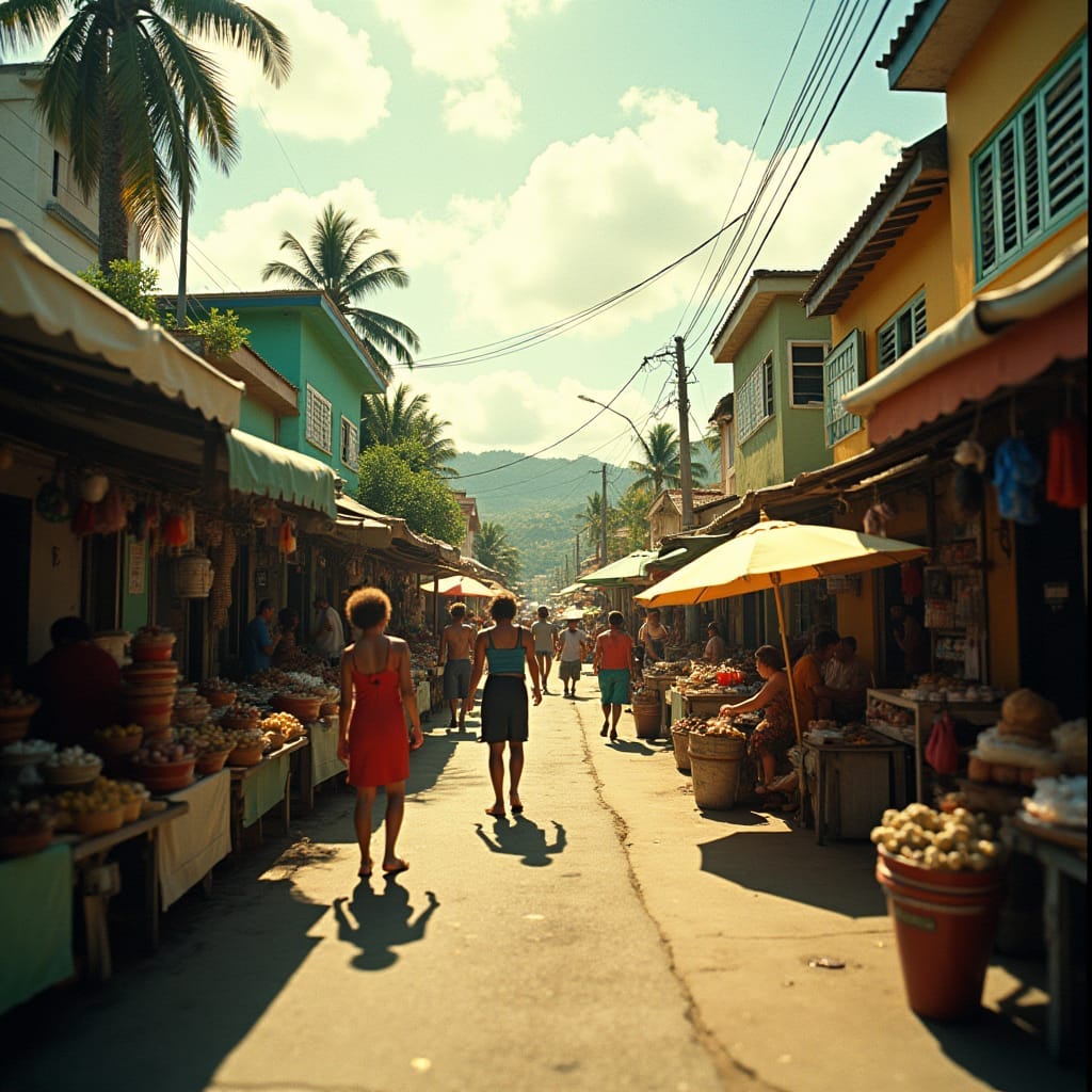 Bustling Jamaican streets, vibrant market scene, warm sunlight casting long shadows, vendors and shoppers interacting in the foreground, lush tropical foliage and colorful buildings in the background