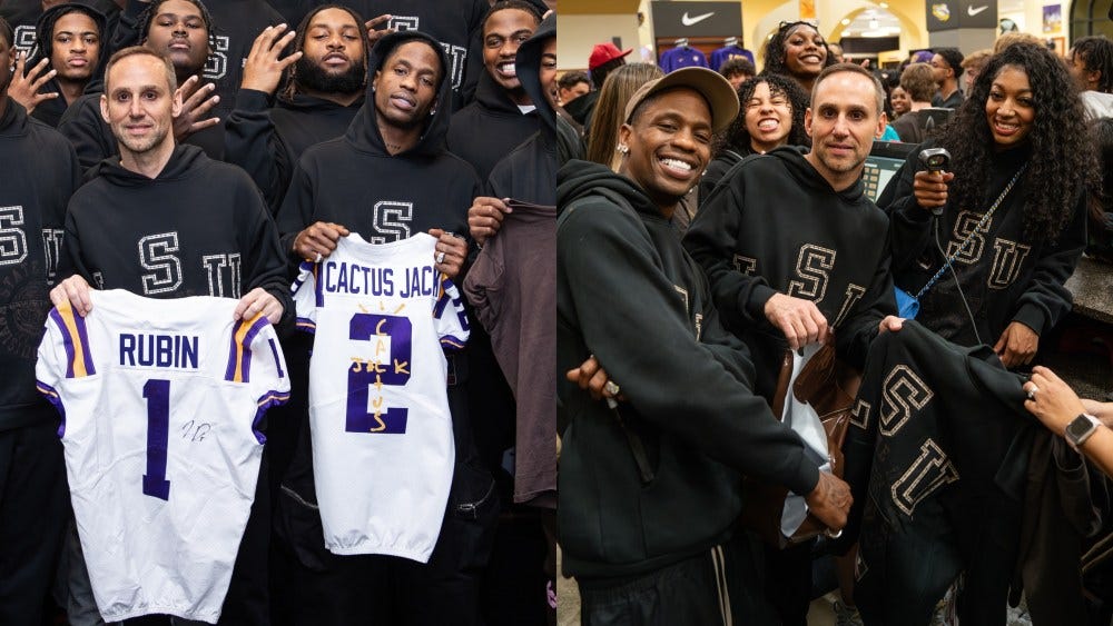 Travis Scott, Michael Rubin celebrate Cactus Jack collaboration launch at LSU on April 3.