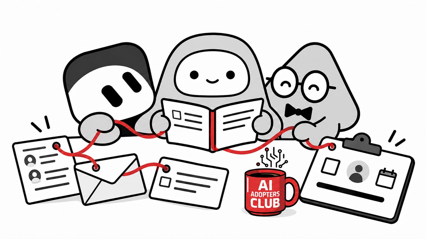 Grok Bot, Muse and an OpenAI Dots character learn from two instructions as a red thread gathers meeting notes, email and tasks into one commitment with an empty checkbox and a next action. The AI Adopters Club mug sits in the open tabletop space.