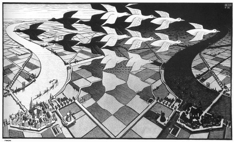 M.C. Escher mcエッシャー　Day&Night 昼と夜 M.C. Escher, Day and Night, 1938 - by Alina Okun