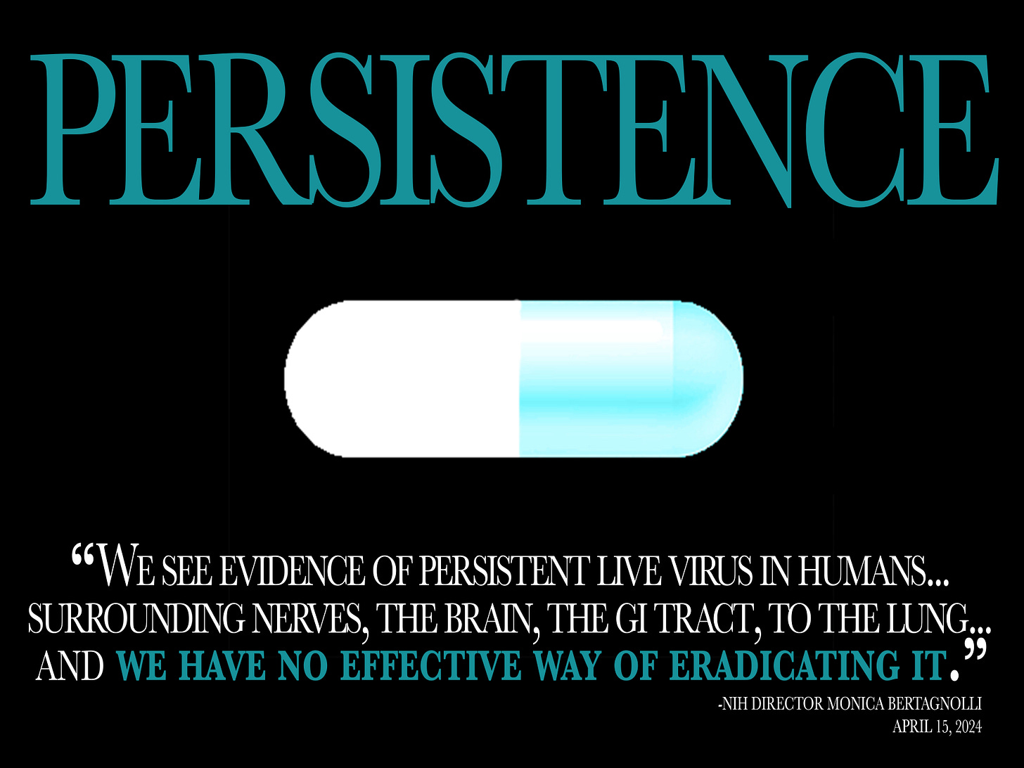 “We see evidence of persistent live virus in humans... surrounding nerves, the brain, the gi tract, to the lung... and we have no effective way of eradicating it.” A black background poster with a blue and white pill in the middle reads "PERSISTENCE" in all caps, with the aforementioned text across the bottom. “We see evidence of persistent live virus in humans... surrounding nerves, the brain, the gi tract, to the lung... and we have no effective way of eradicating it.” A black background poster with a blue and white pill in the middle reads "PERSISTENCE" in all caps, with the aforementioned text across the bottom.