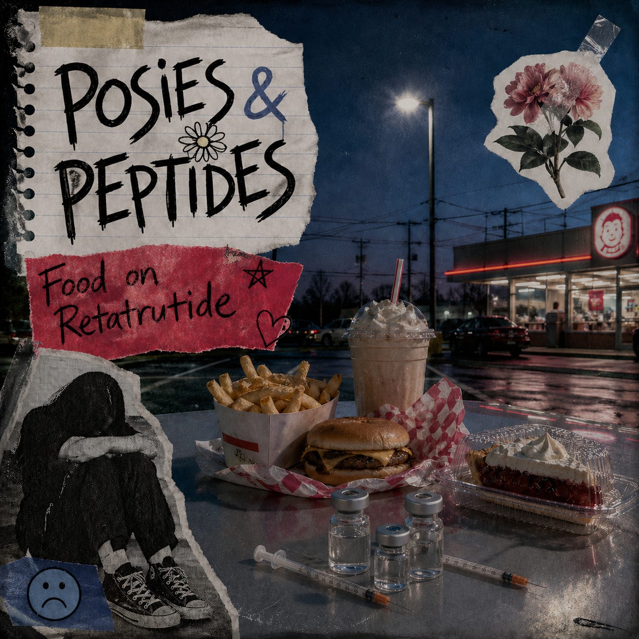 Posies & Peptides - Food on Retatrutide. Food and insulin syringes outside of a fast food restaurant.