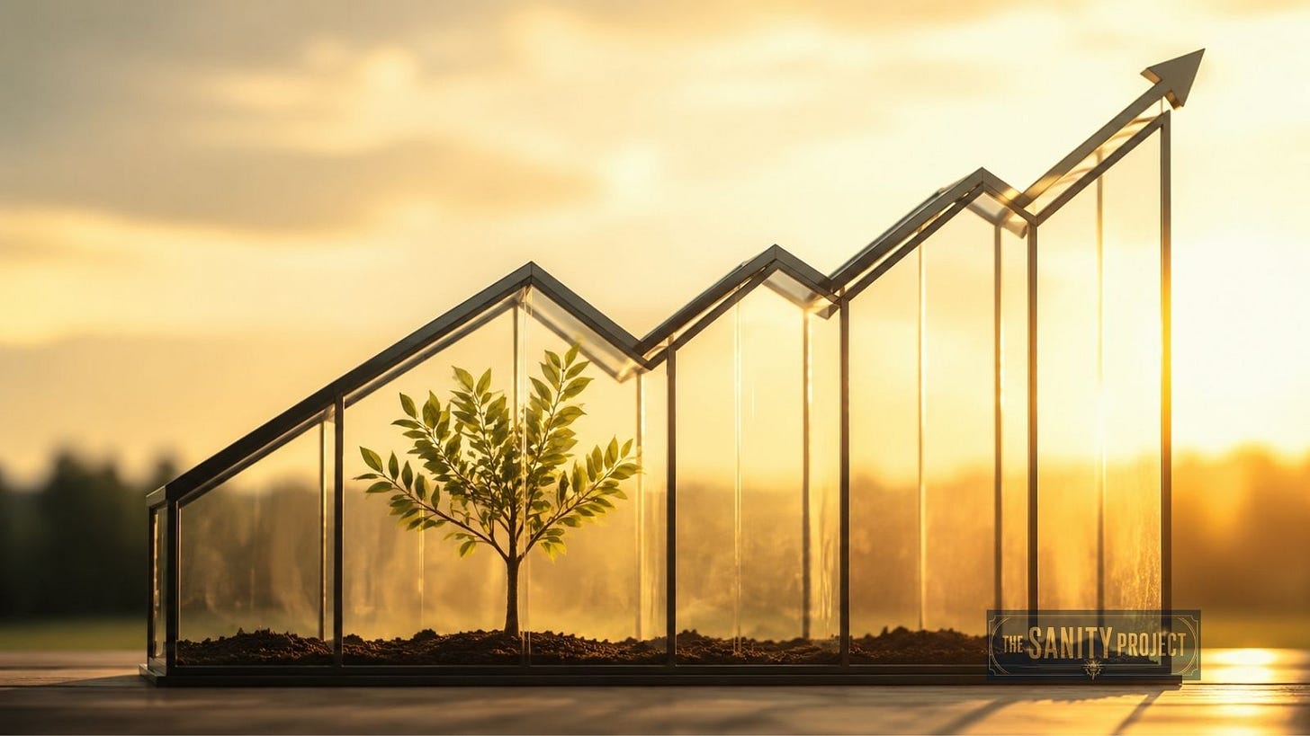 A tree growing inside a greenhouse shaped like a rising graph, symbolizing the projected growth of clean energy jobs in Canada.